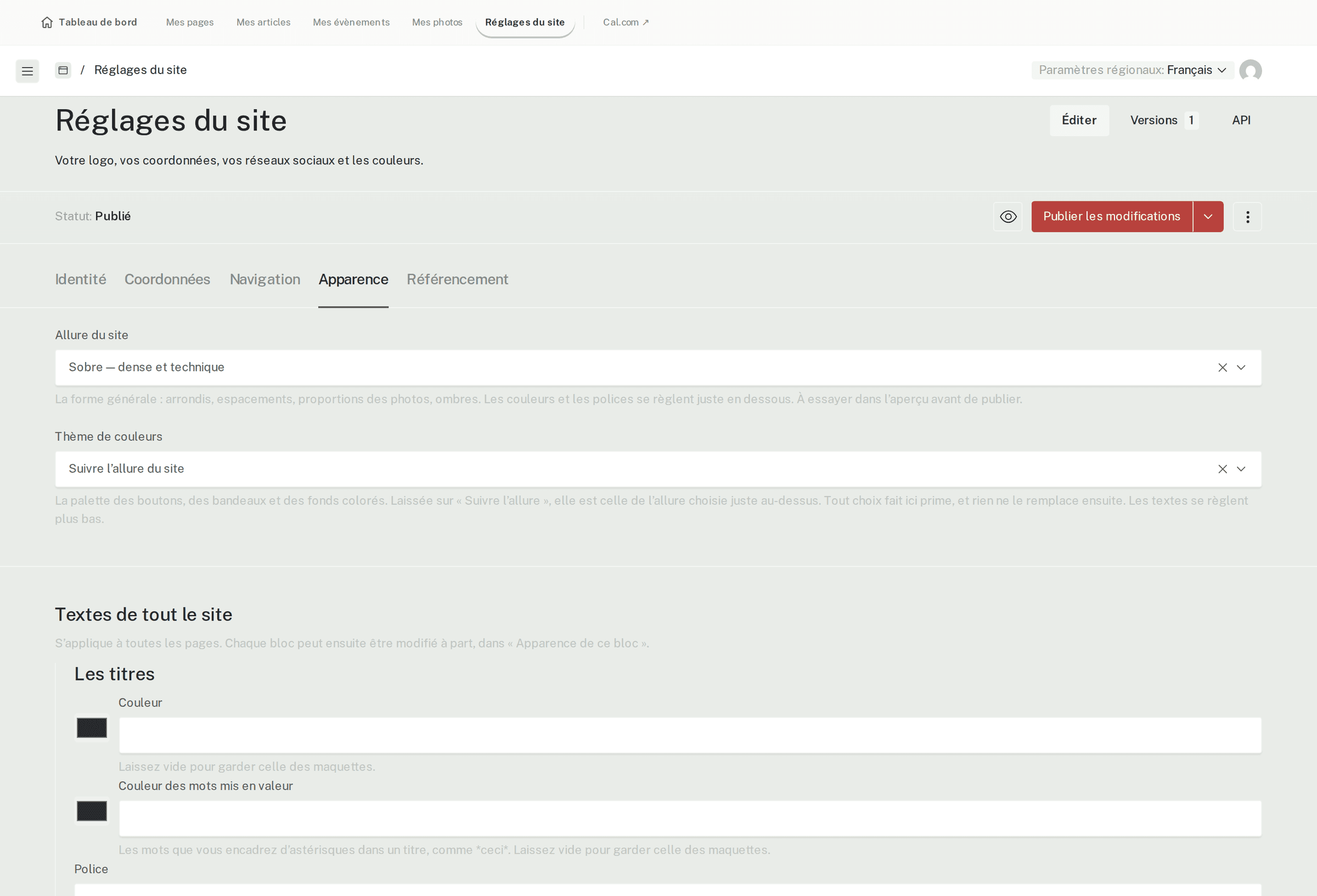 Réglages d’apparence du site : allure, thème de couleurs, polices