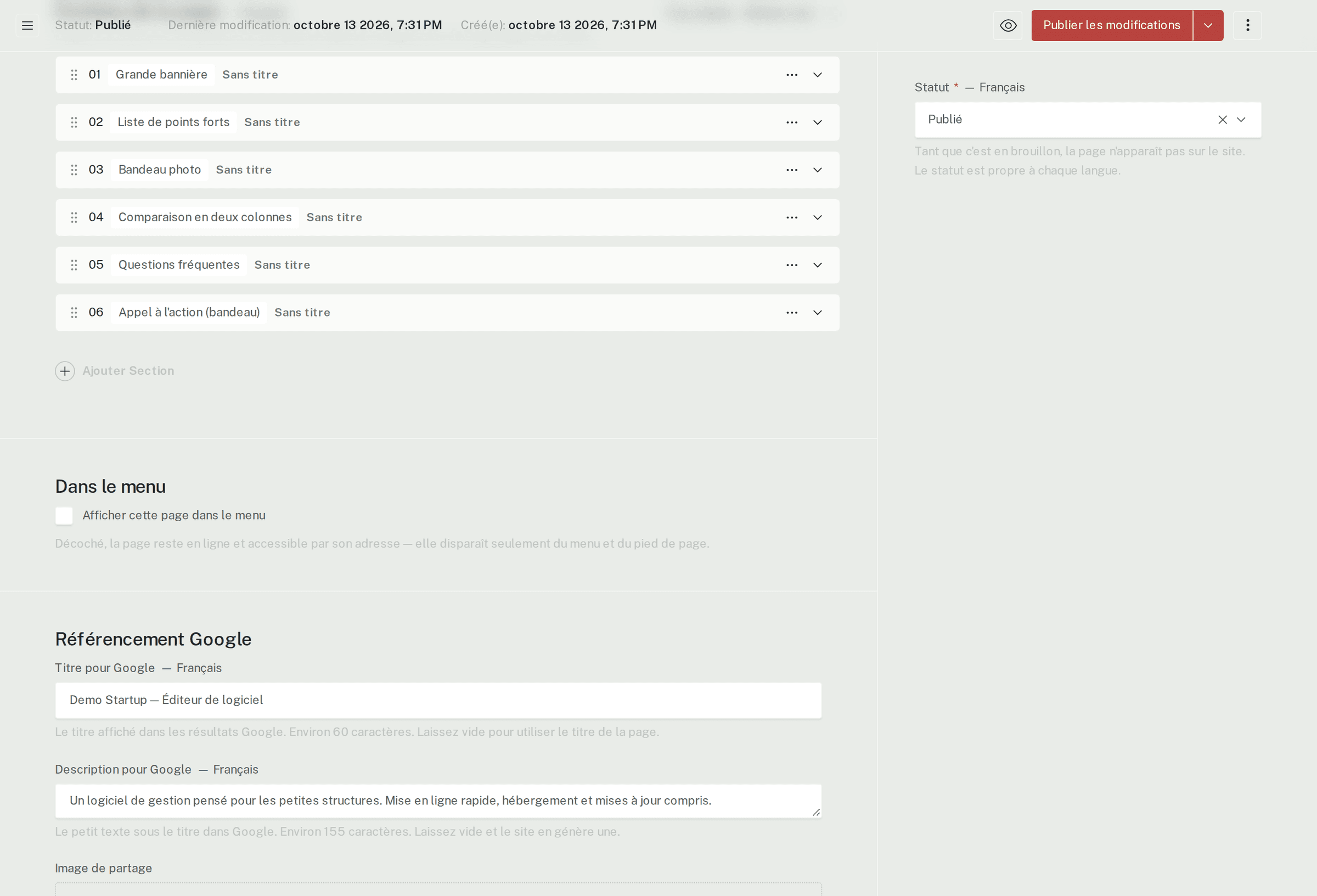 Une page de site composée de blocs empilés, dans l’administration