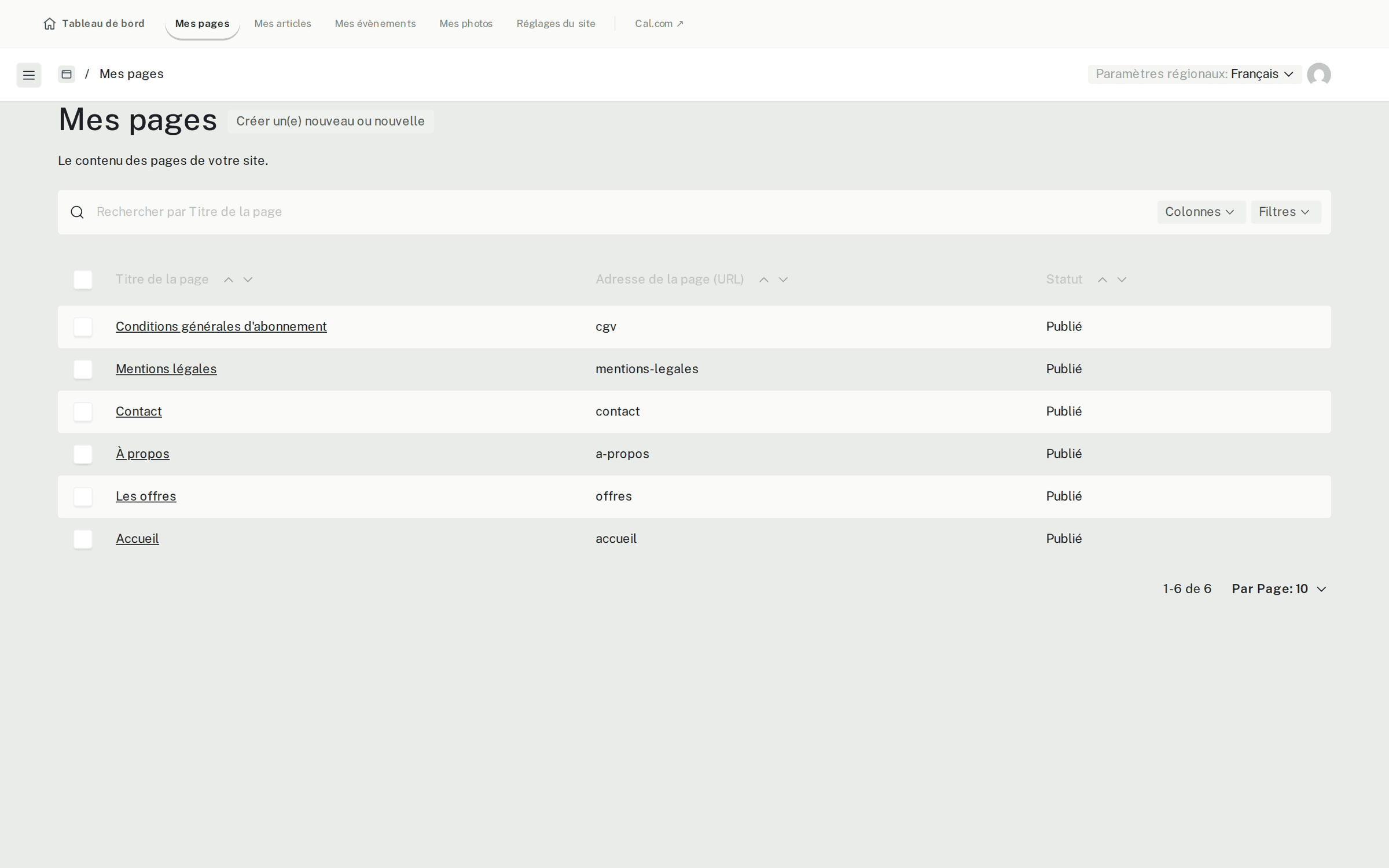 Liste des pages du site dans l’espace d’administration